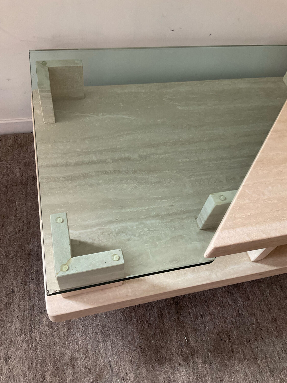 Vintage travertine and glass coffee table