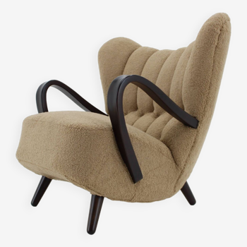 1940s Restored  Wing Armchair in Boucle Fabric ,Czechoslovakia