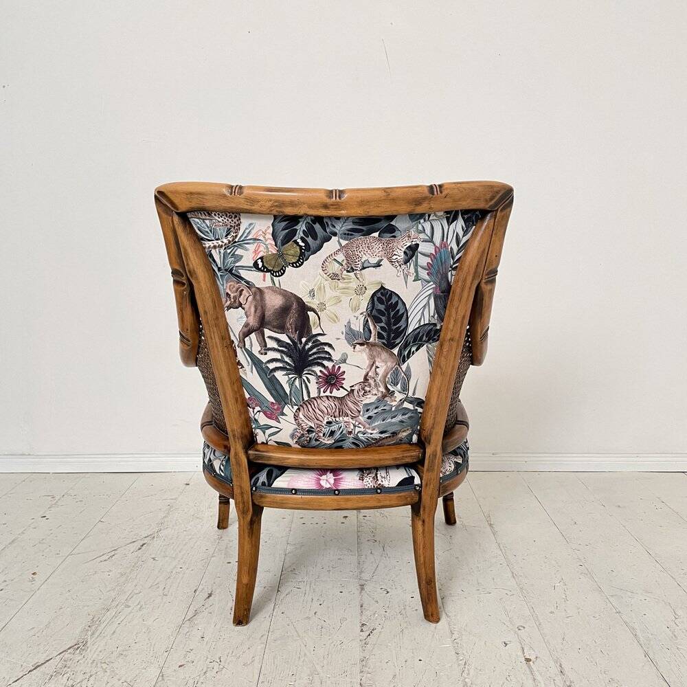 Mid-Century French Armchair in Bamboo Style with Animal Print Fabric, 1980