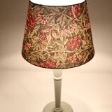 Vintage table lamp, wooden base and antique printed lampshade
