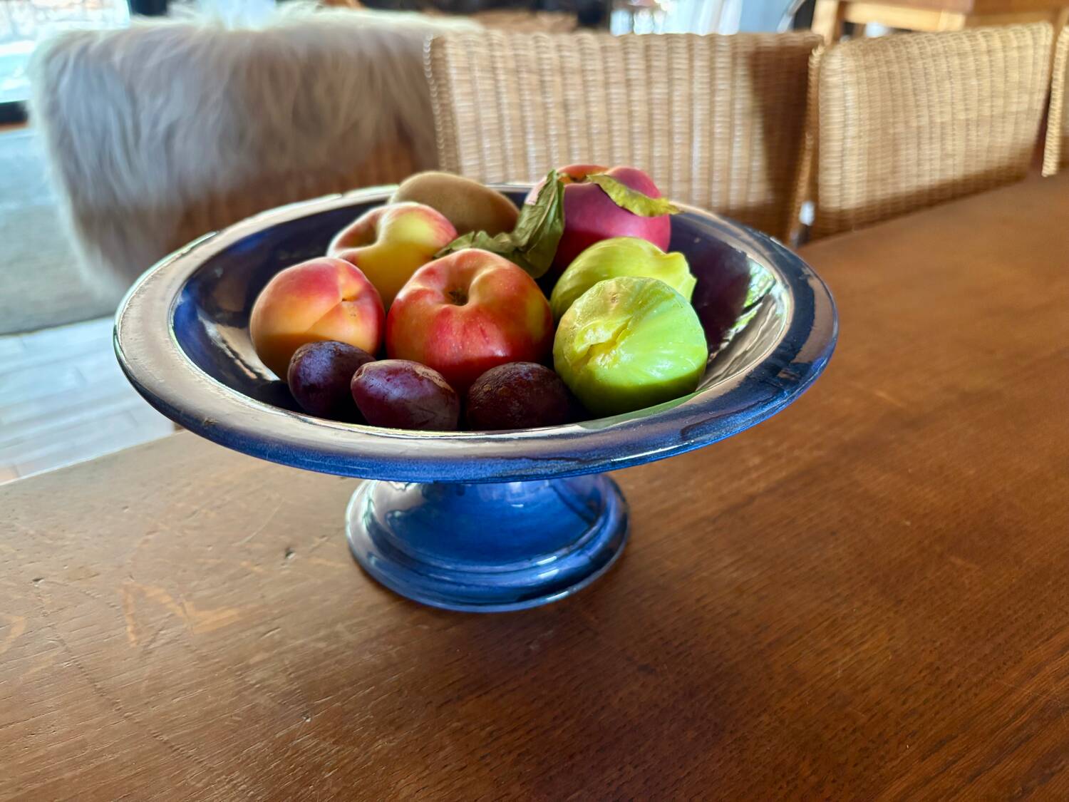 Vintage blue fruit bowl 1980s enamelled stoneware