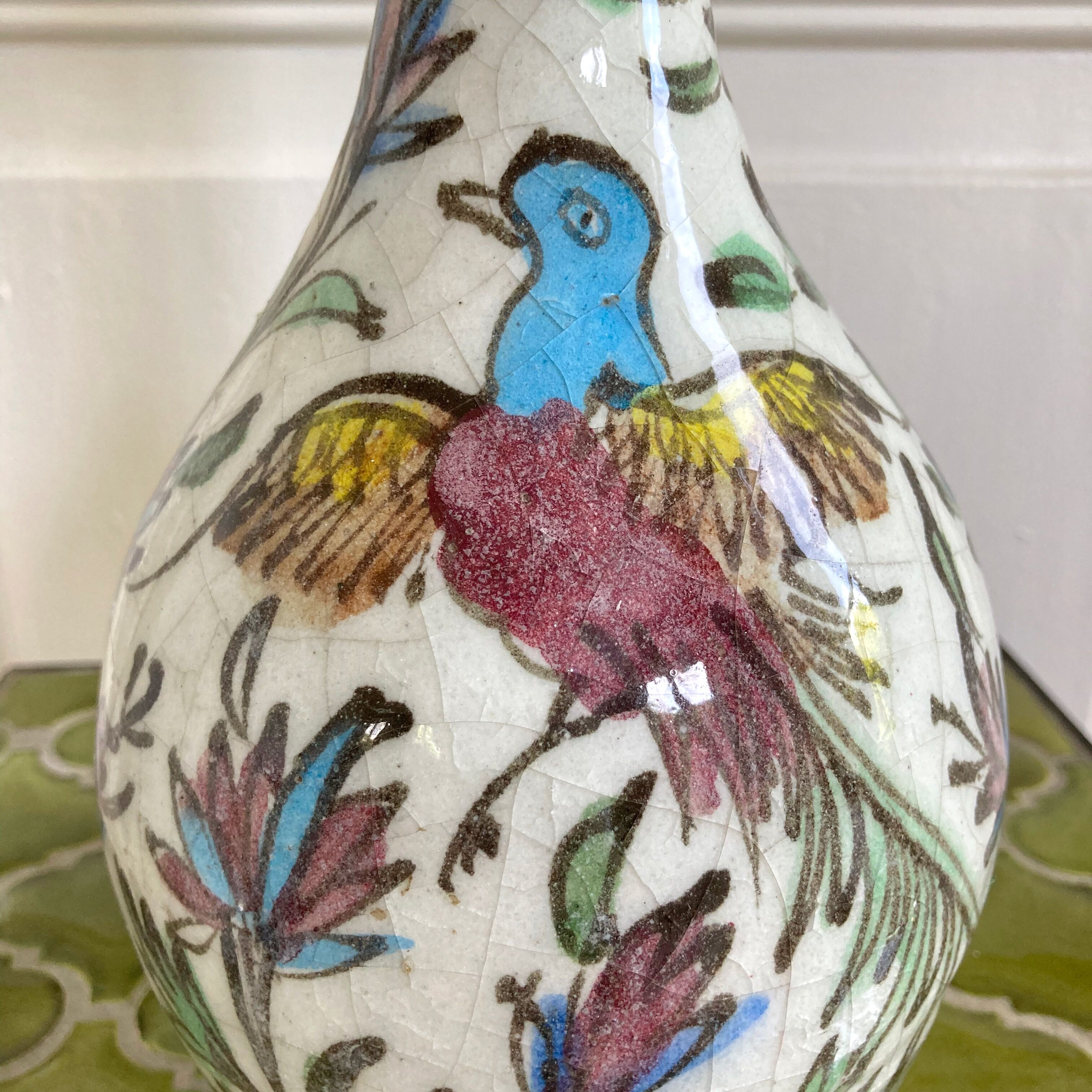 Vase céramique craquelée décor oiseaux