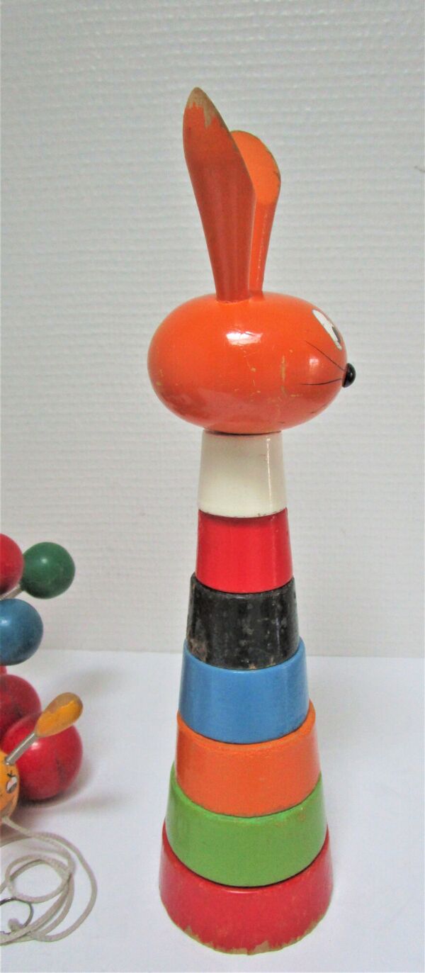 Trois jouets bois chouette escargot lapin design vintage fmf kouvalias