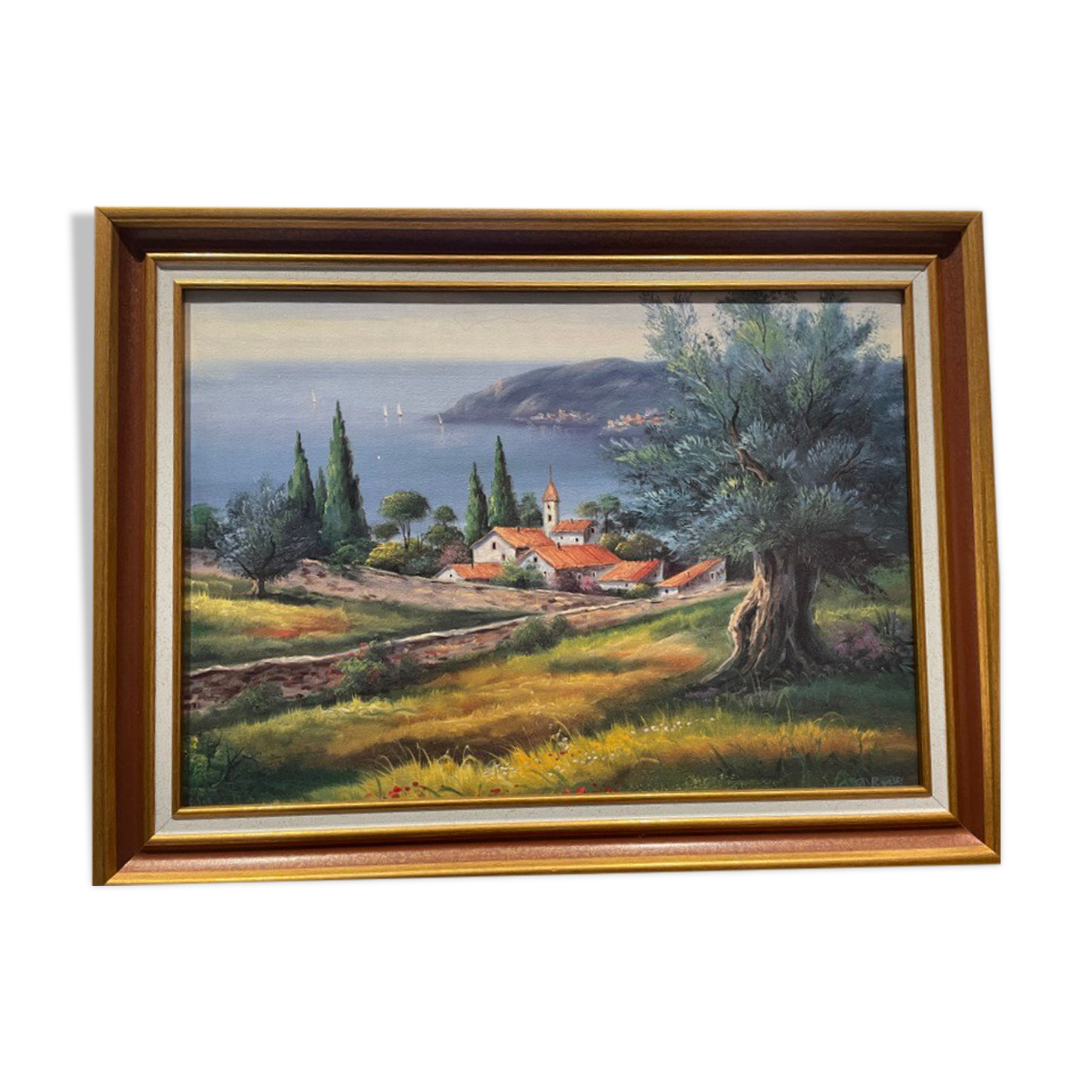 Landscape hamlet sea view - oil or acrylic on canvas , signed Ramsey