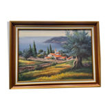Landscape hamlet sea view - oil or acrylic on canvas , signed Ramsey