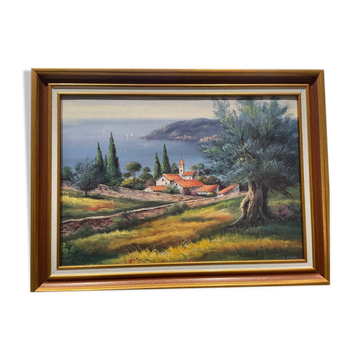 Paysage hameau vue sur mer - huile ou acrylique sur toile , signée Ramsey
