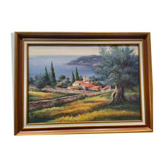 Paysage hameau vue sur mer - huile ou acrylique sur toile , signée Ramsey