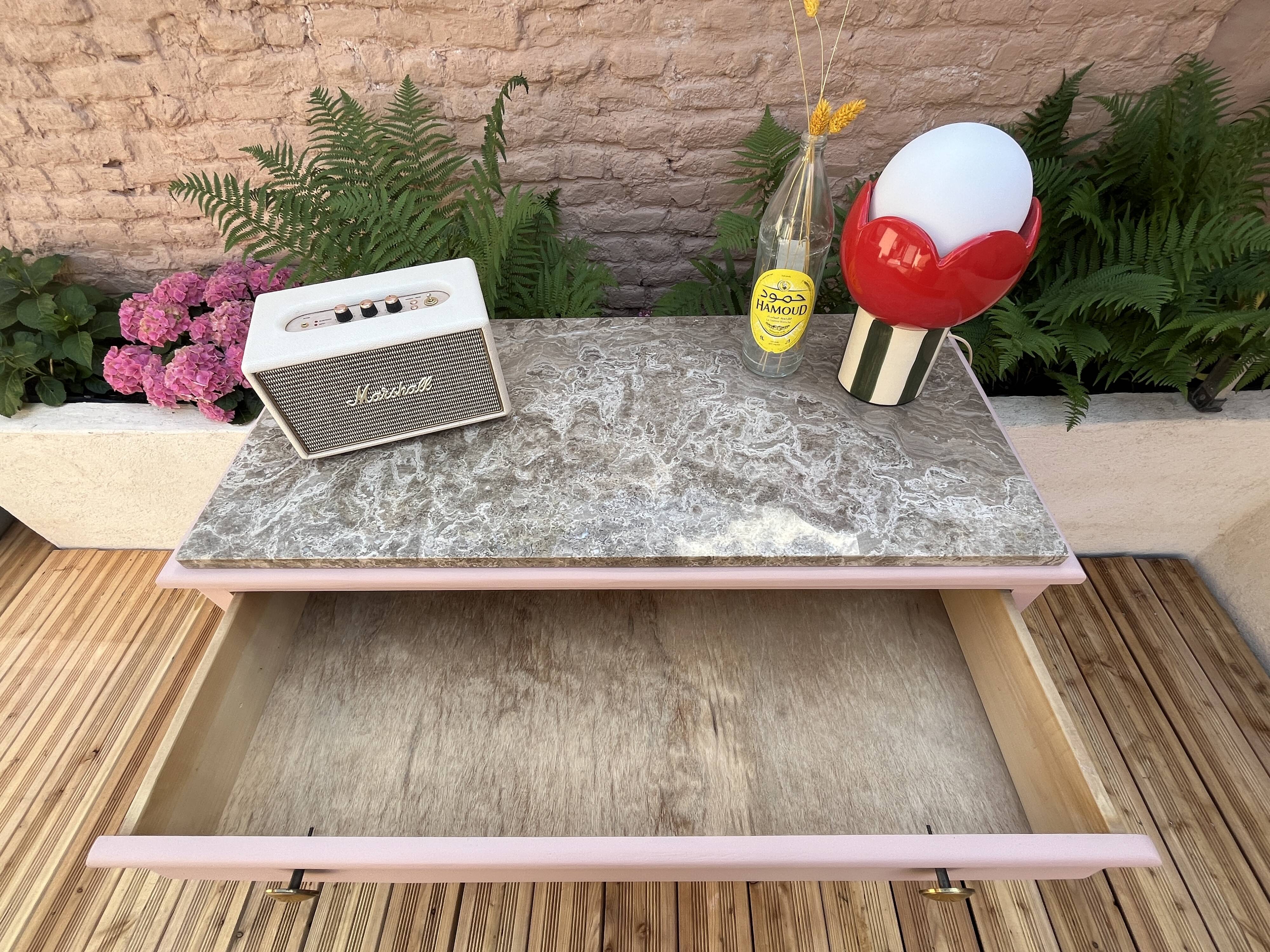 Pink wood and marble chest of drawers, 1950s