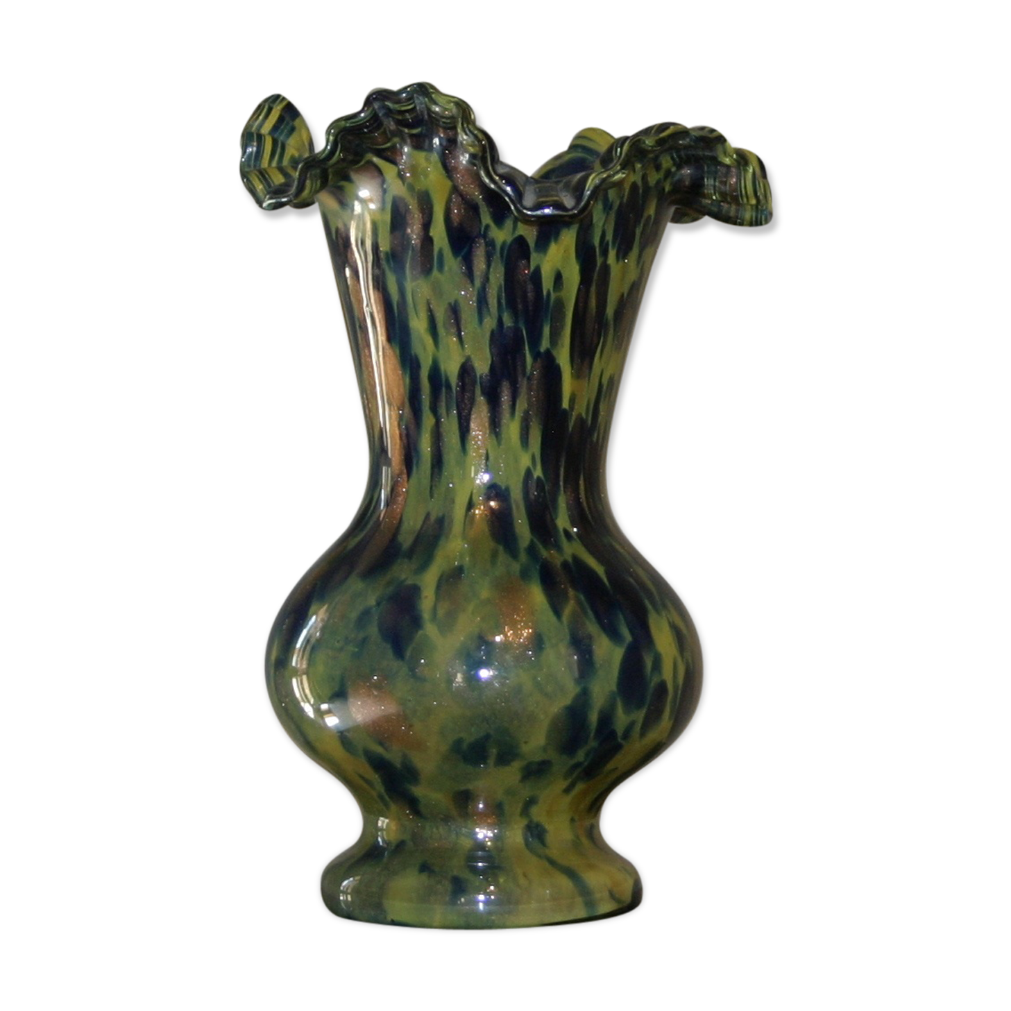 Blue and yellow marbled muddled-edge vase