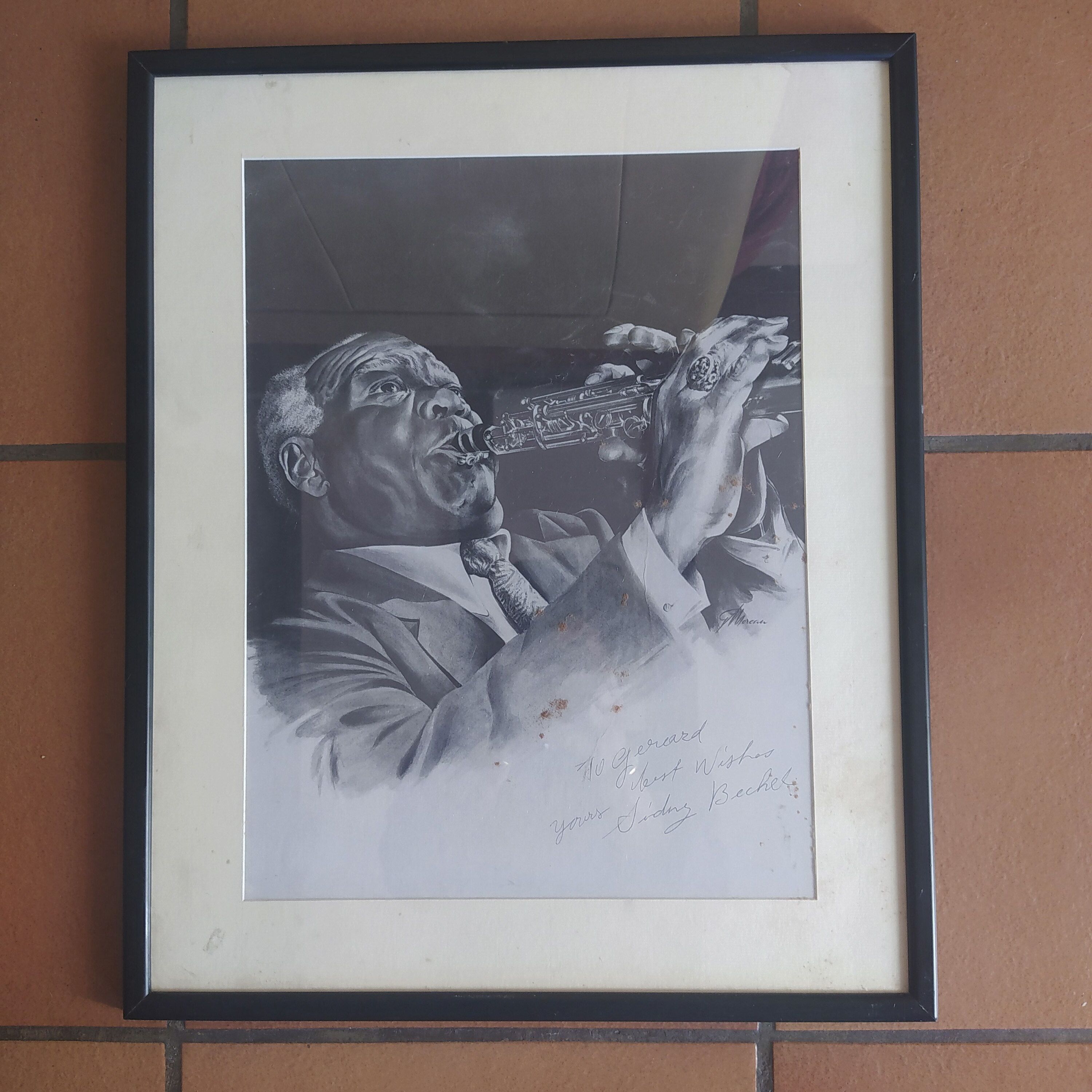 Drawing by Gérard Moreau signed by Sidney Bechet