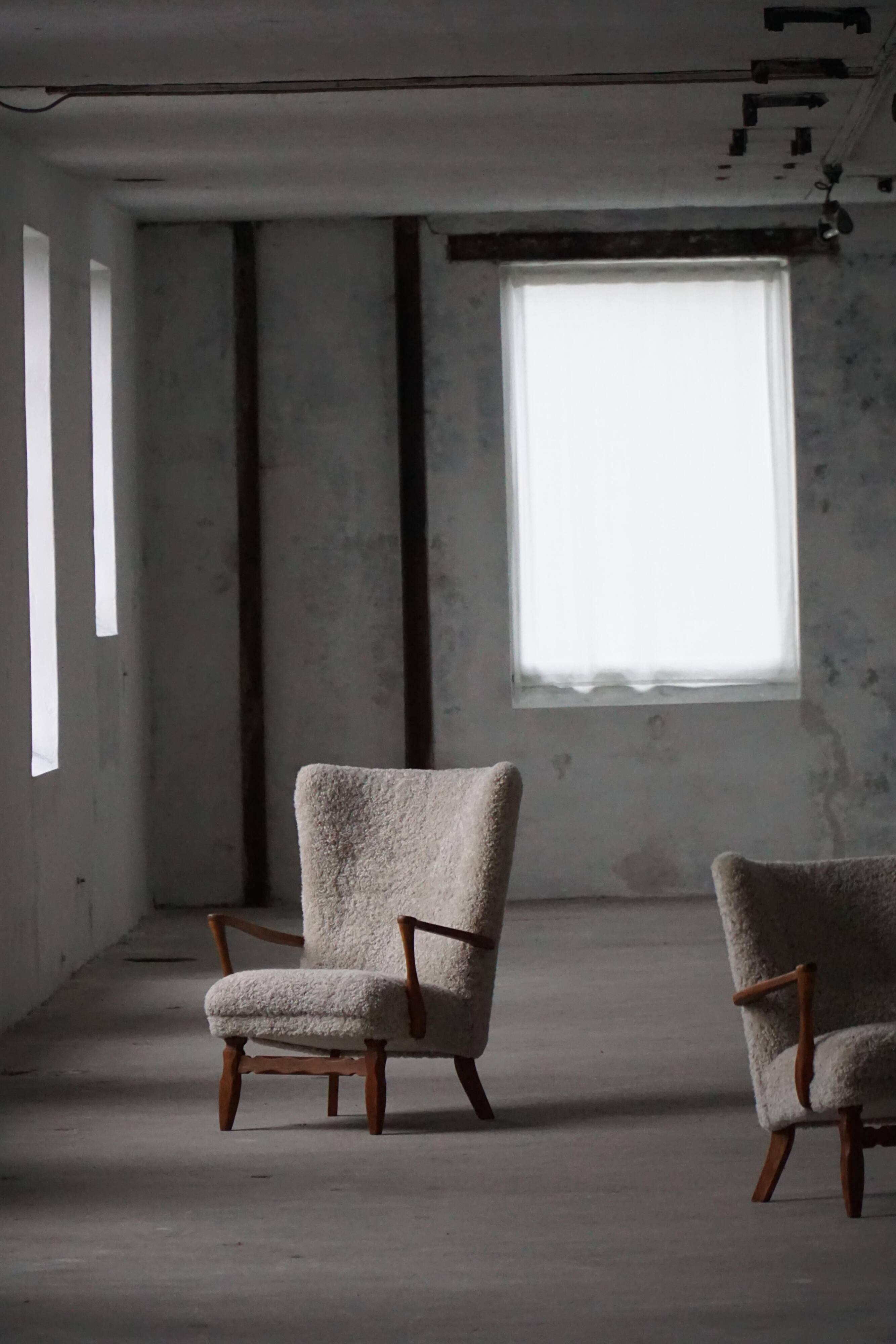 Viggo Boesen, high-back chair in oak and shearling lambskin, modern Danish design, 1950s.