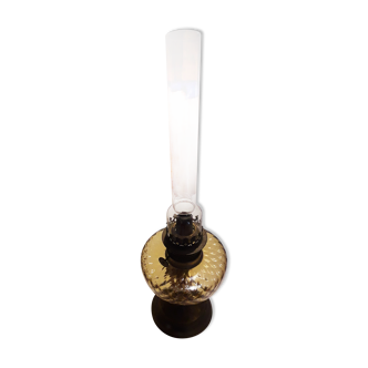 Vintage kerosene lamp with wick and tinted glass tank