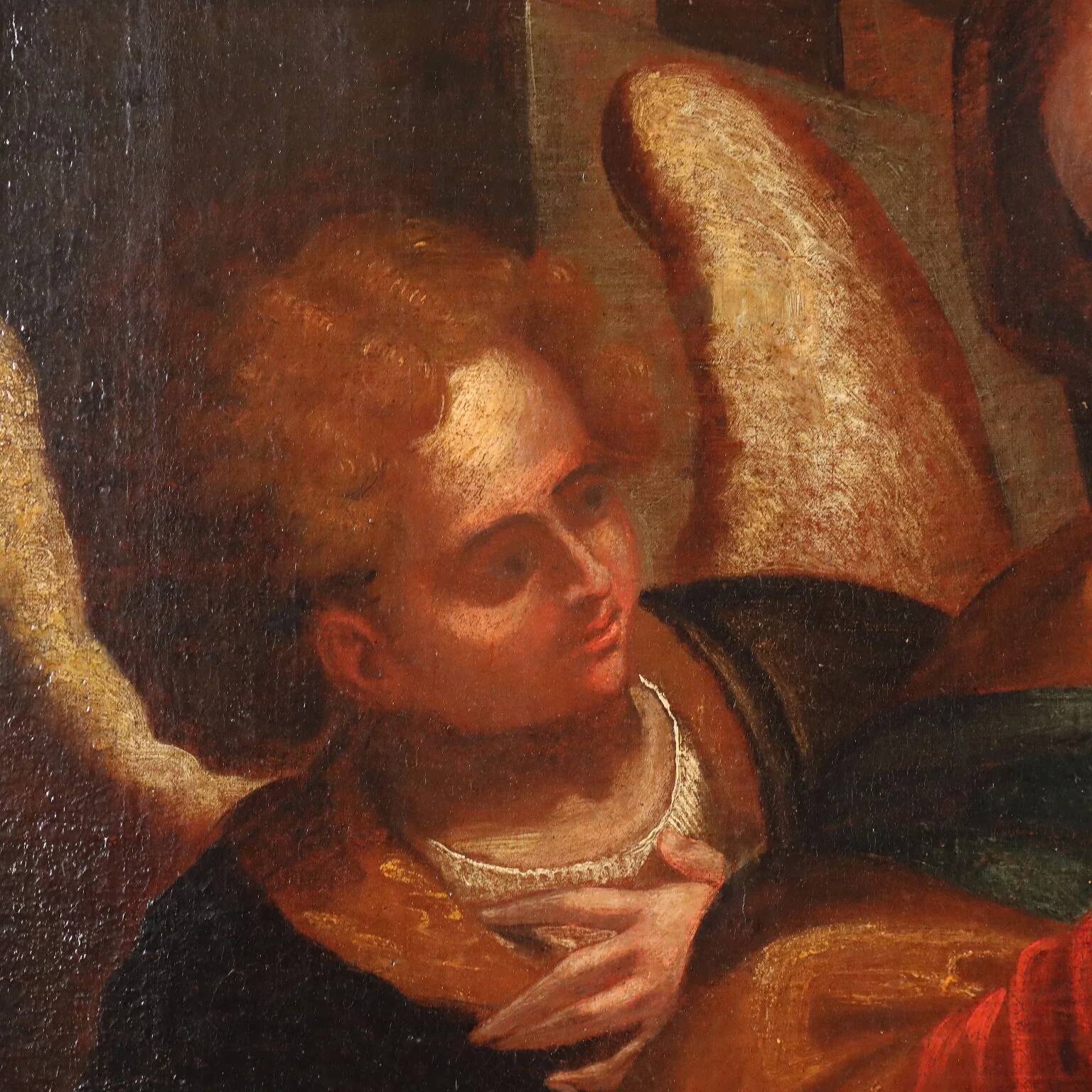Ancient painting of the Virgin and Child on canvas from the 17th century.