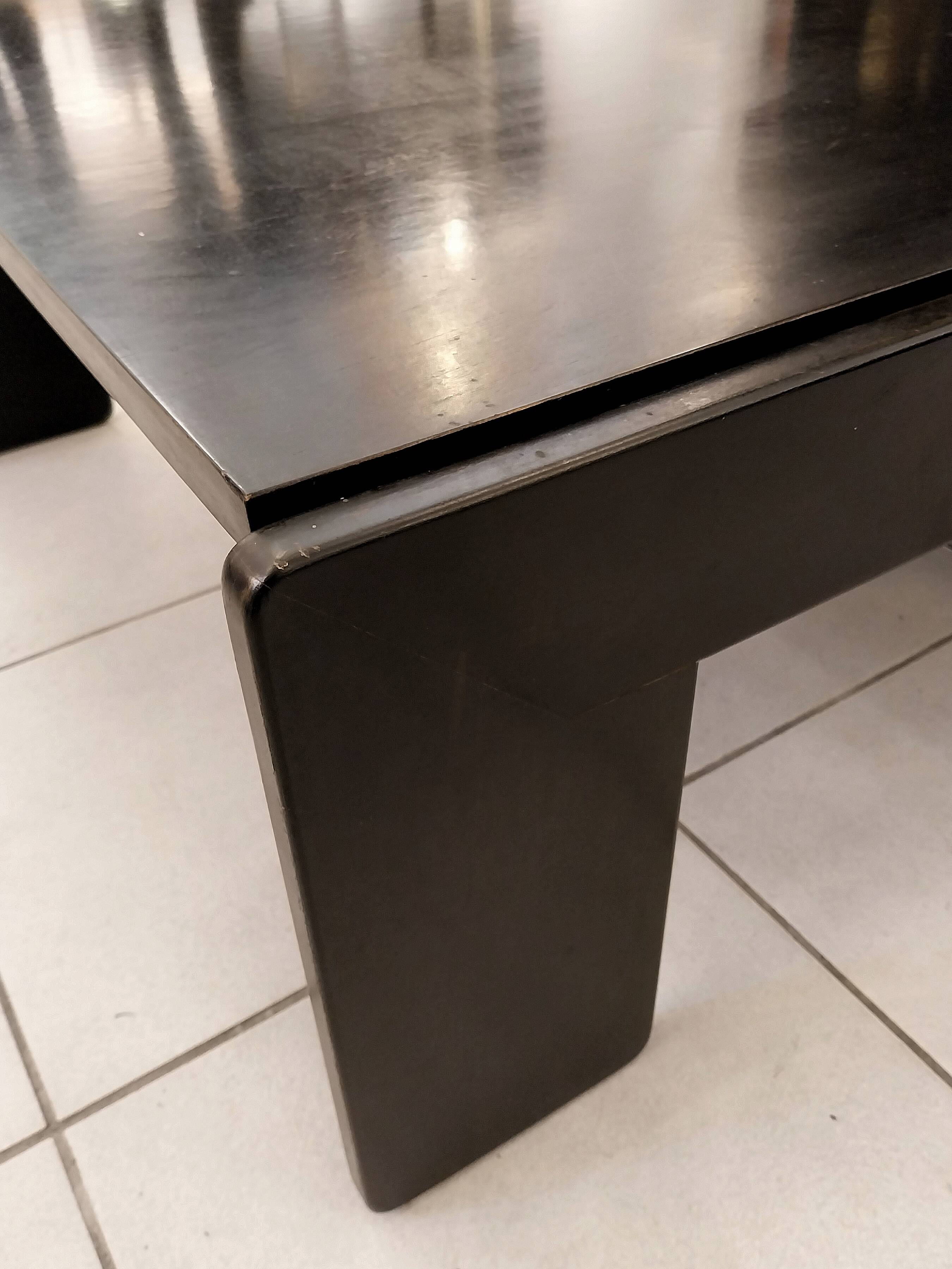 Square black lacquered wood coffee table design 1980