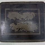 Pair of trundle tables made of black wood - tray with decoration of dragons