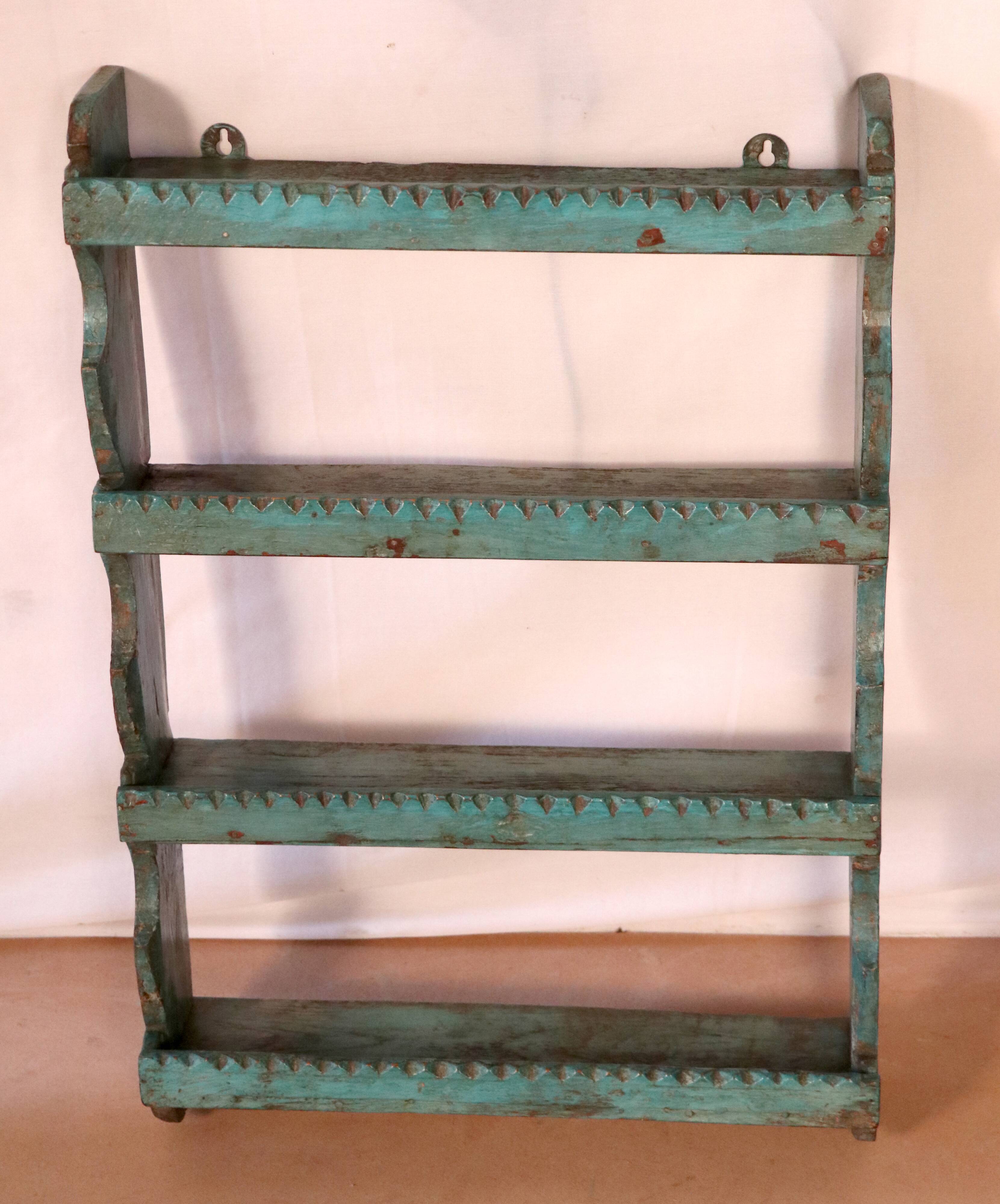Old Burmese teak wall shelf original blue patina