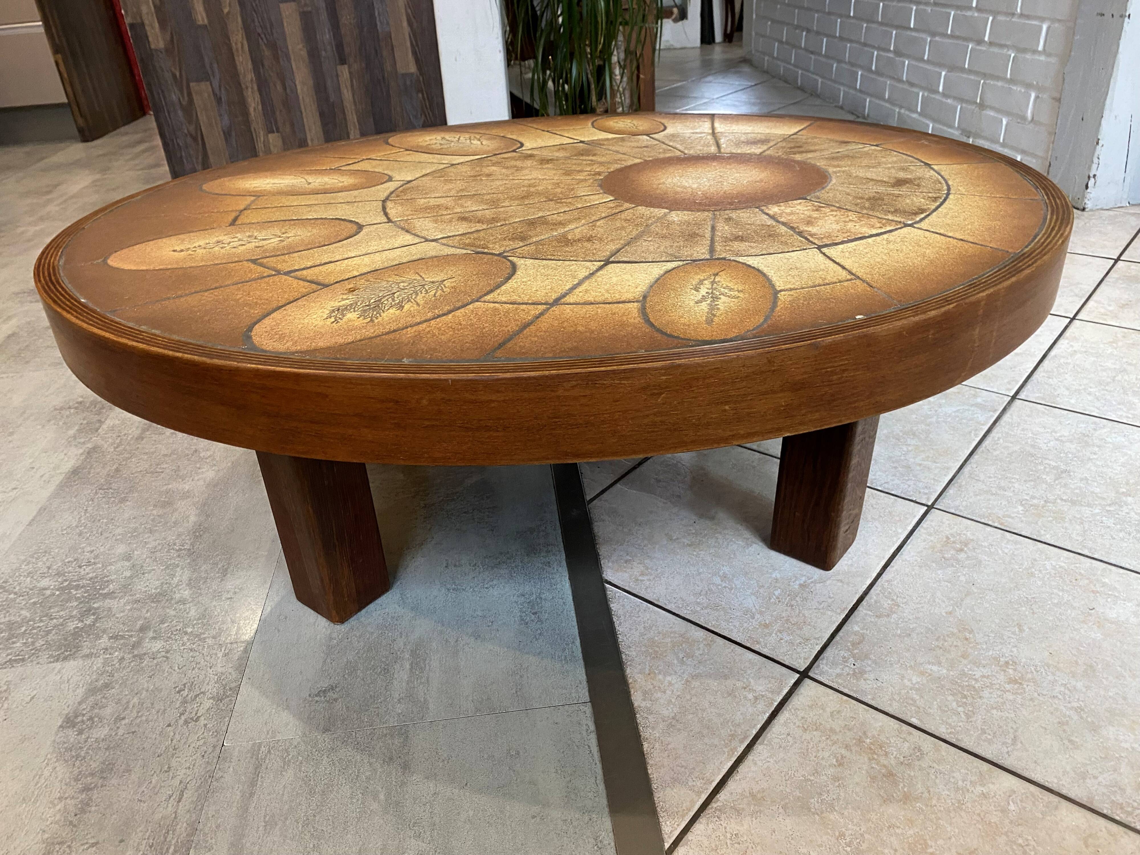 Oval round coffee table ceramic Barrois Vallauris from 1960 herbarium model