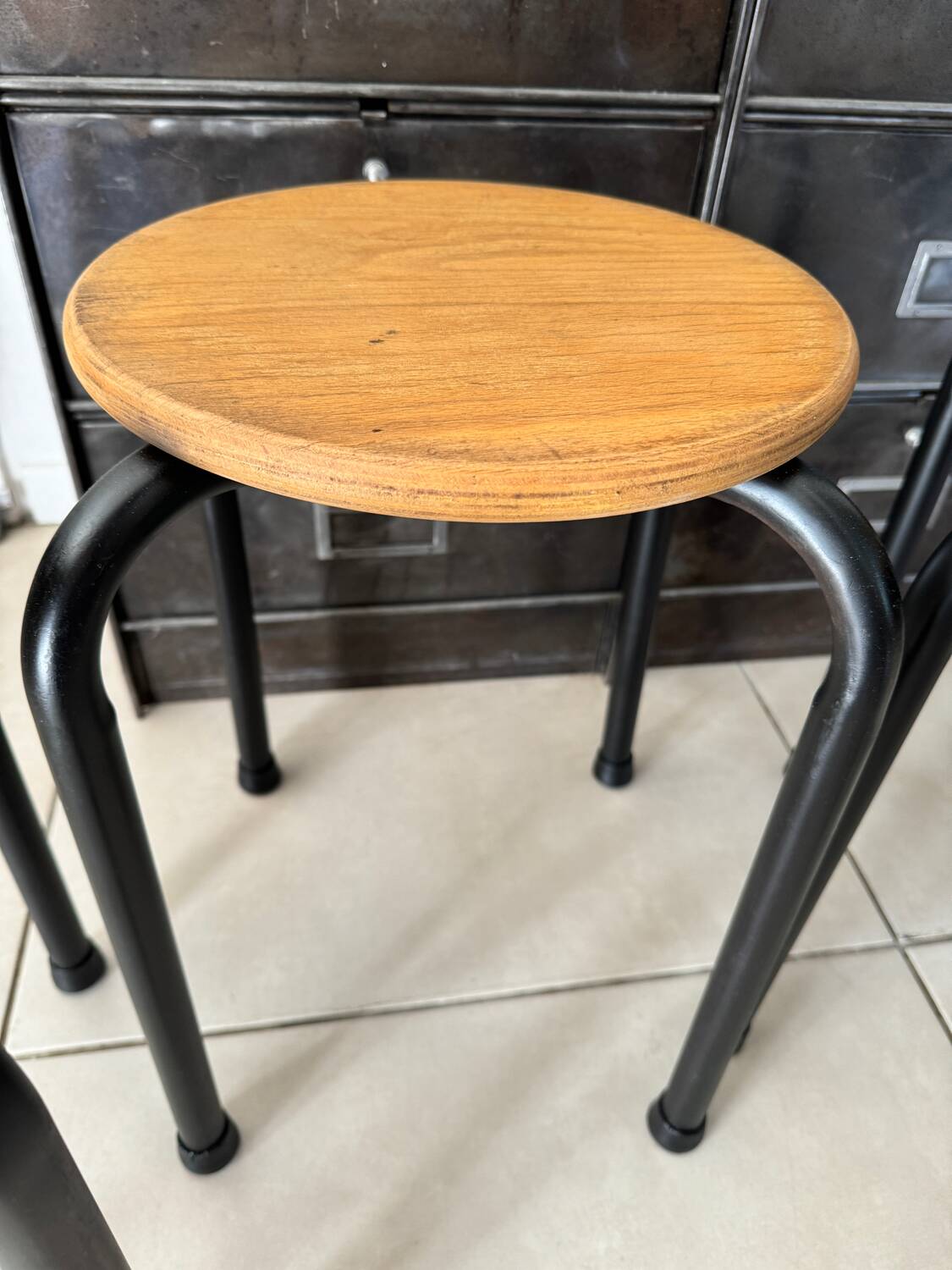 Series of 4 metal and wood school stools