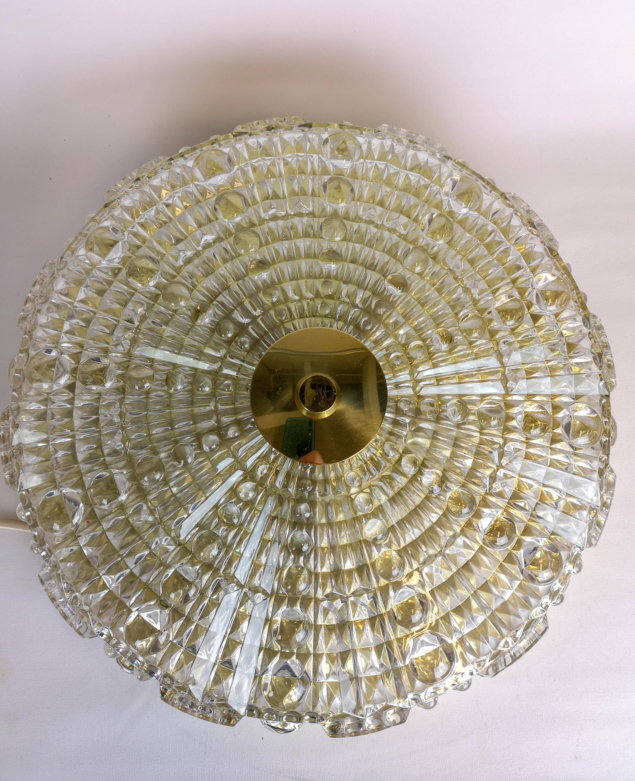 Midcentury crystal and brass ceiling lamp by Orrefors, Carl Fagerlund, 1970s, Sweden.