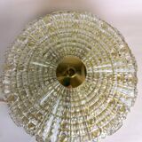 Midcentury crystal and brass ceiling lamp by Orrefors, Carl Fagerlund, 1970s, Sweden.