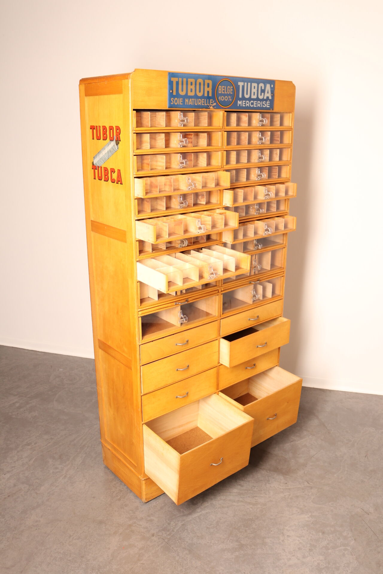 Xl vintage haberdashery 'tubor tubca' by poreye & fils - belgium - 1950's