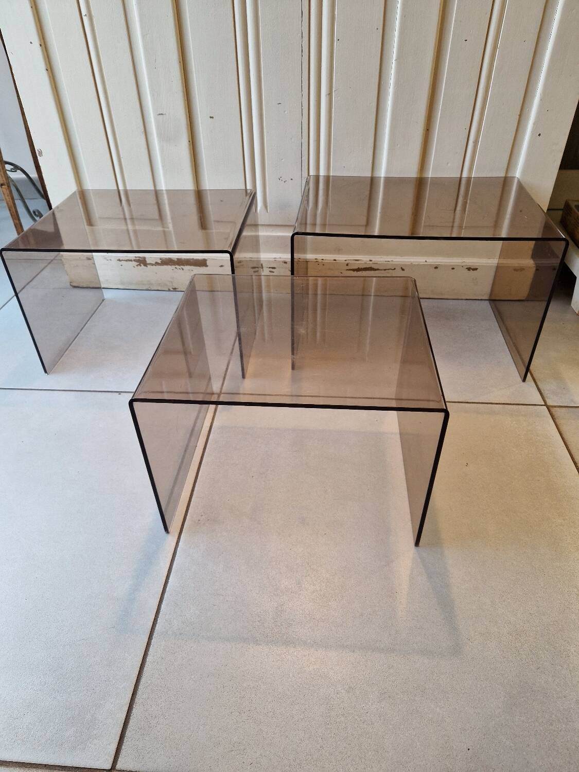 Vintage deco nesting table in smoke plexiglas 1970