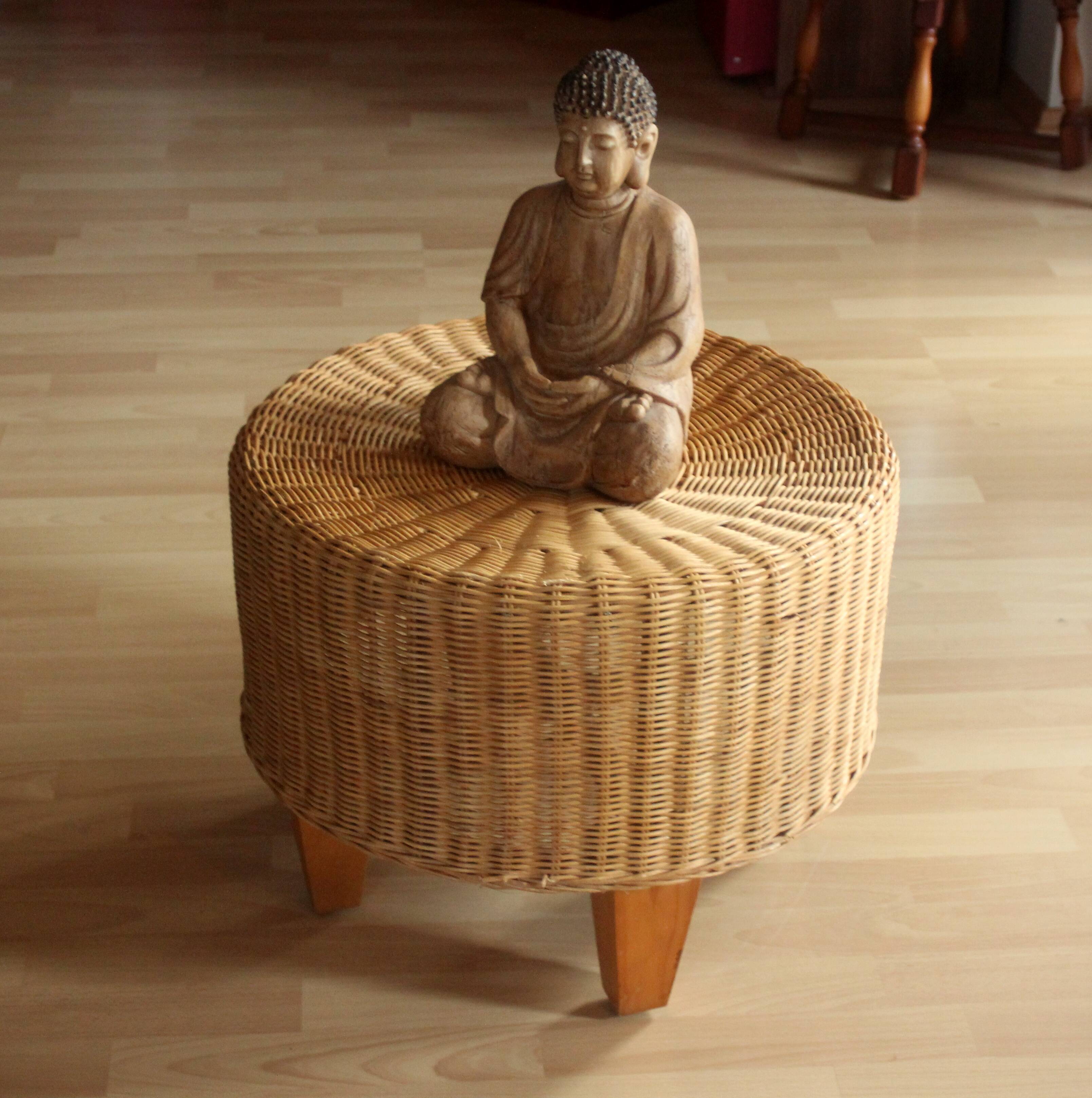 Table d'appoint ronde en rotin, bambou et bois - Vintage