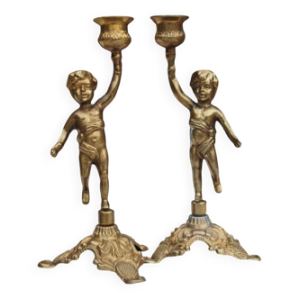 2 antique cherub brass candlesticks