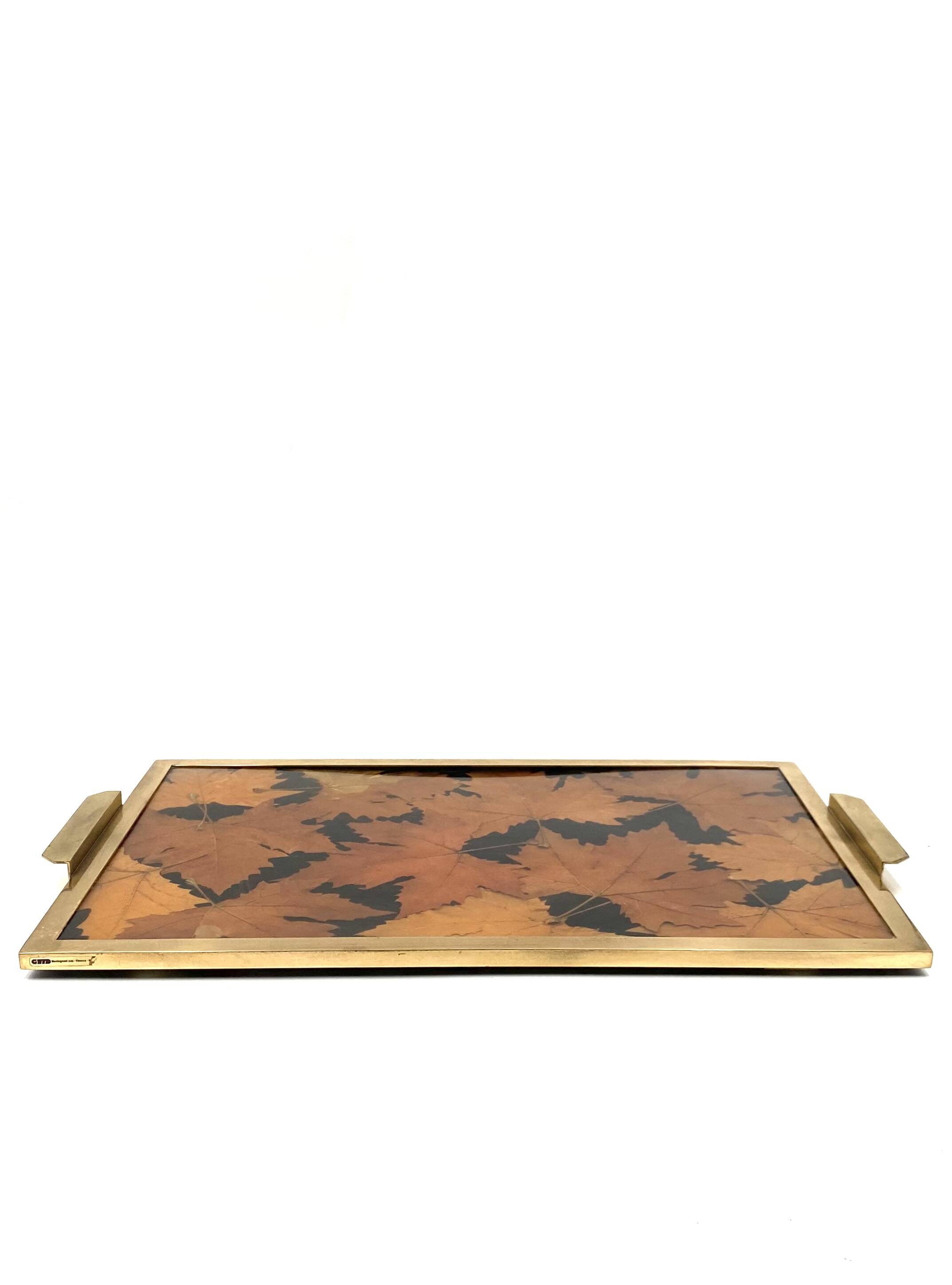 Hollywood regency brass and leaves resin tray, Montagnani Firenze Italy 1970s