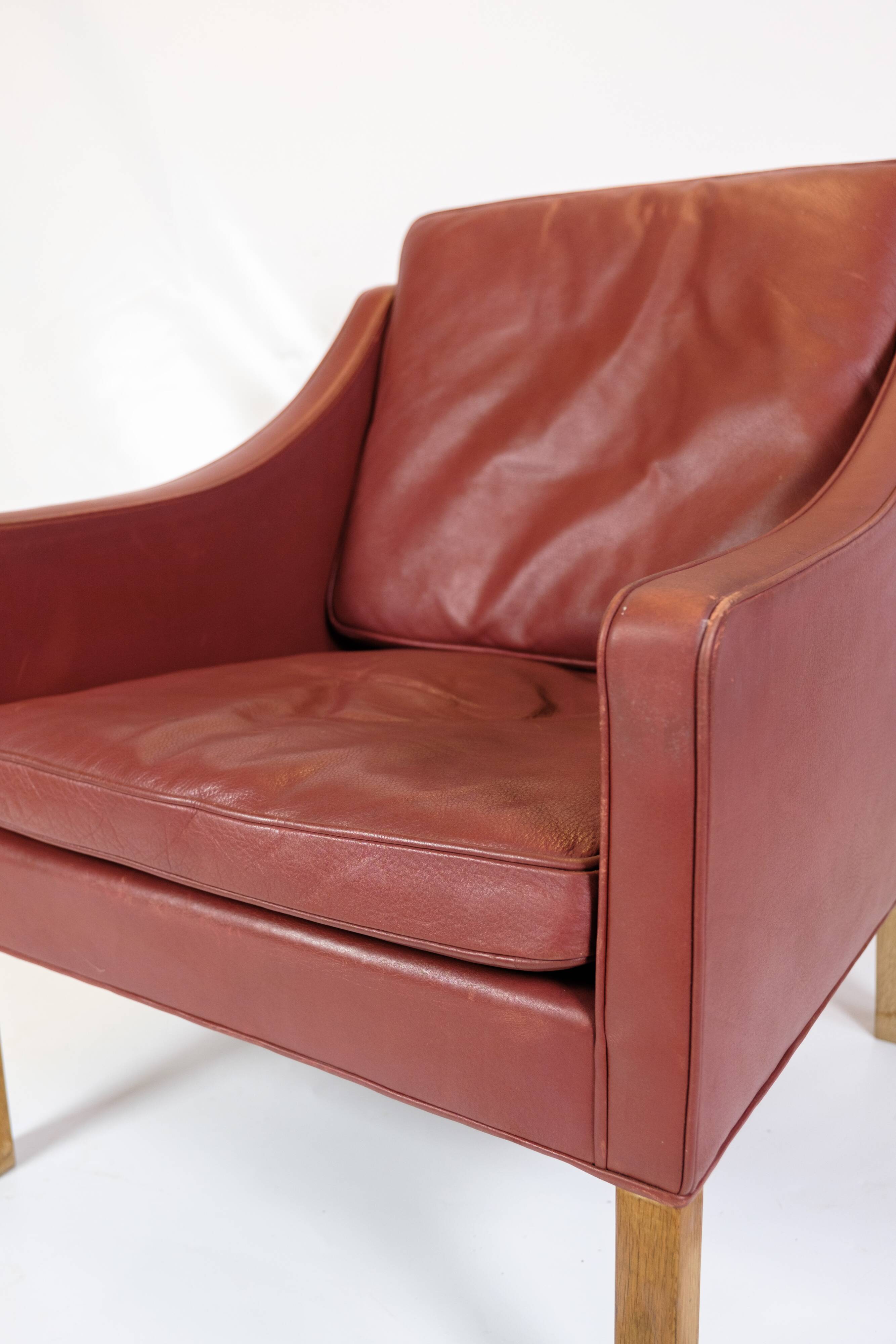 Armchair Model 2207 Made In Red Leather & Oak Frame By Børge Mogensen From 1960s