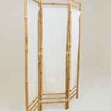 Bamboo screen with 3 frames in beige fabric.