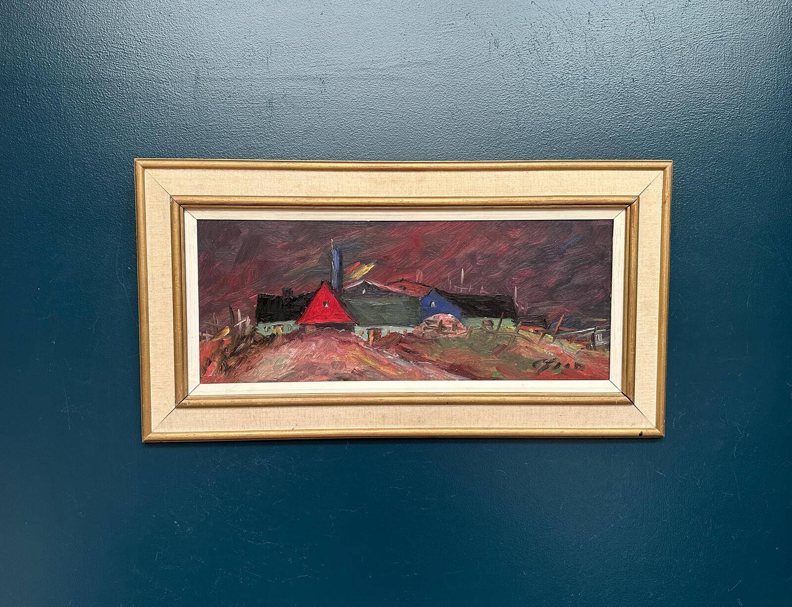 Original Swedish Oil on Panel – “Huts” – Vintage & Framed – 77 × 41 cm