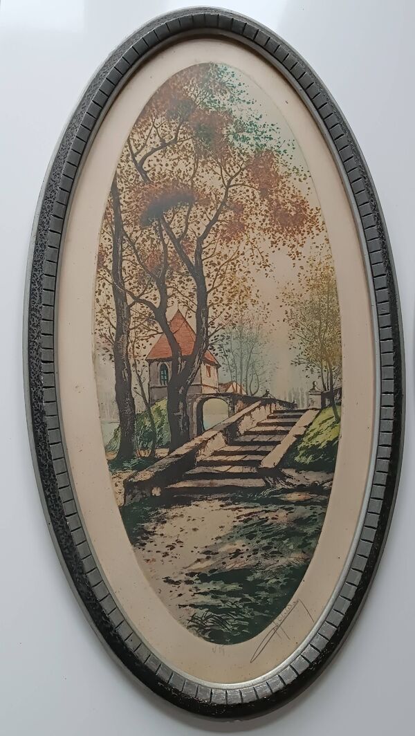 Paire de tableaux lithographies paysages en couleurs