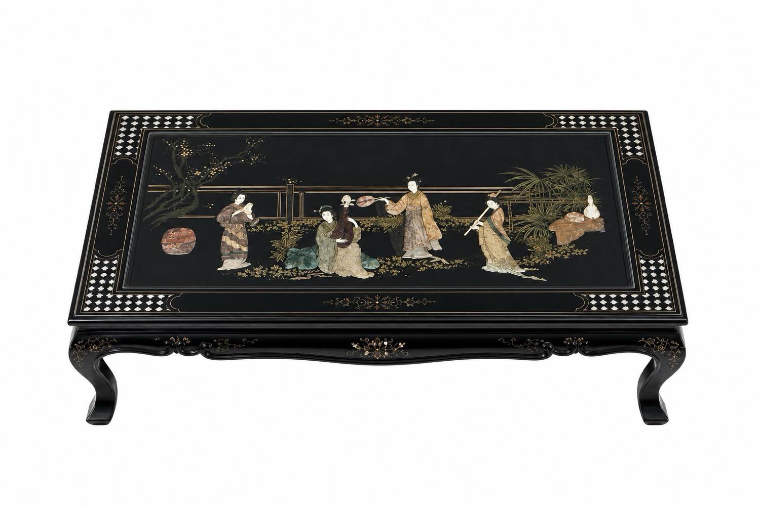 Table basse style chinois en bois noir et incrustrations de nacre