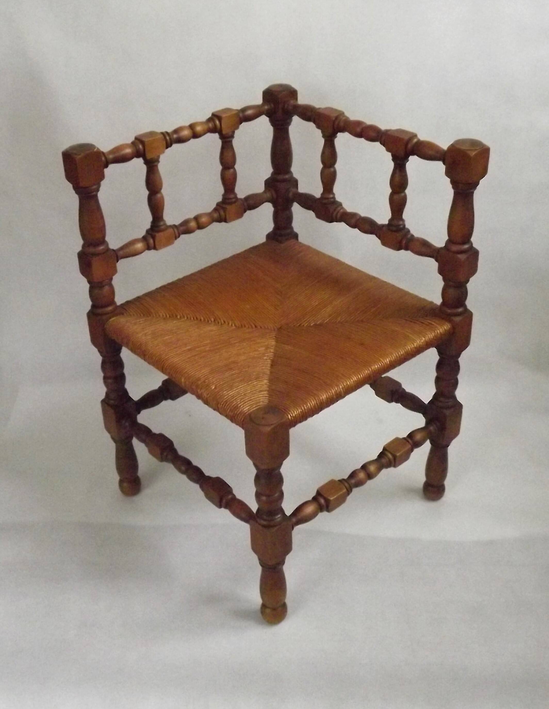 Antique French Turned Wooden Bobbin Chair with Rush Seat