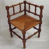Antique French Turned Wooden Bobbin Chair with Rush Seat