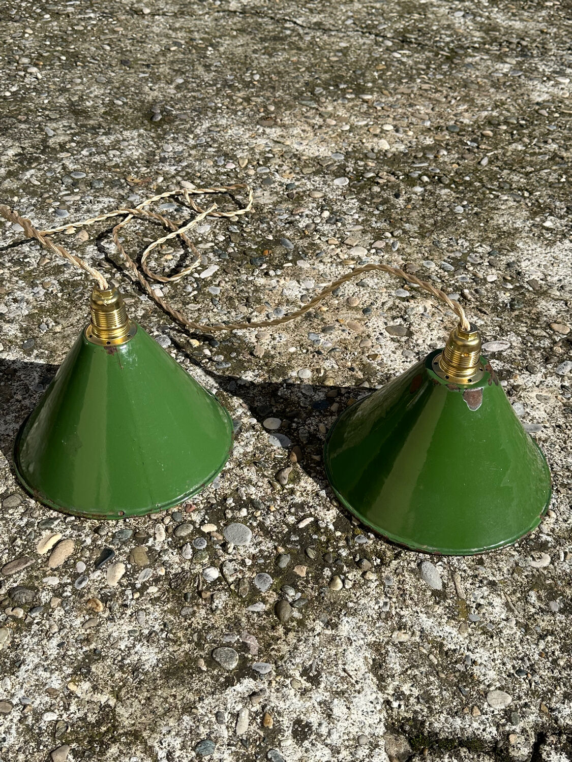 Pair of vintage industrial retro conical enamelled sheet metal pendant lights