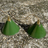 Pair of vintage industrial retro conical enamelled sheet metal pendant lights