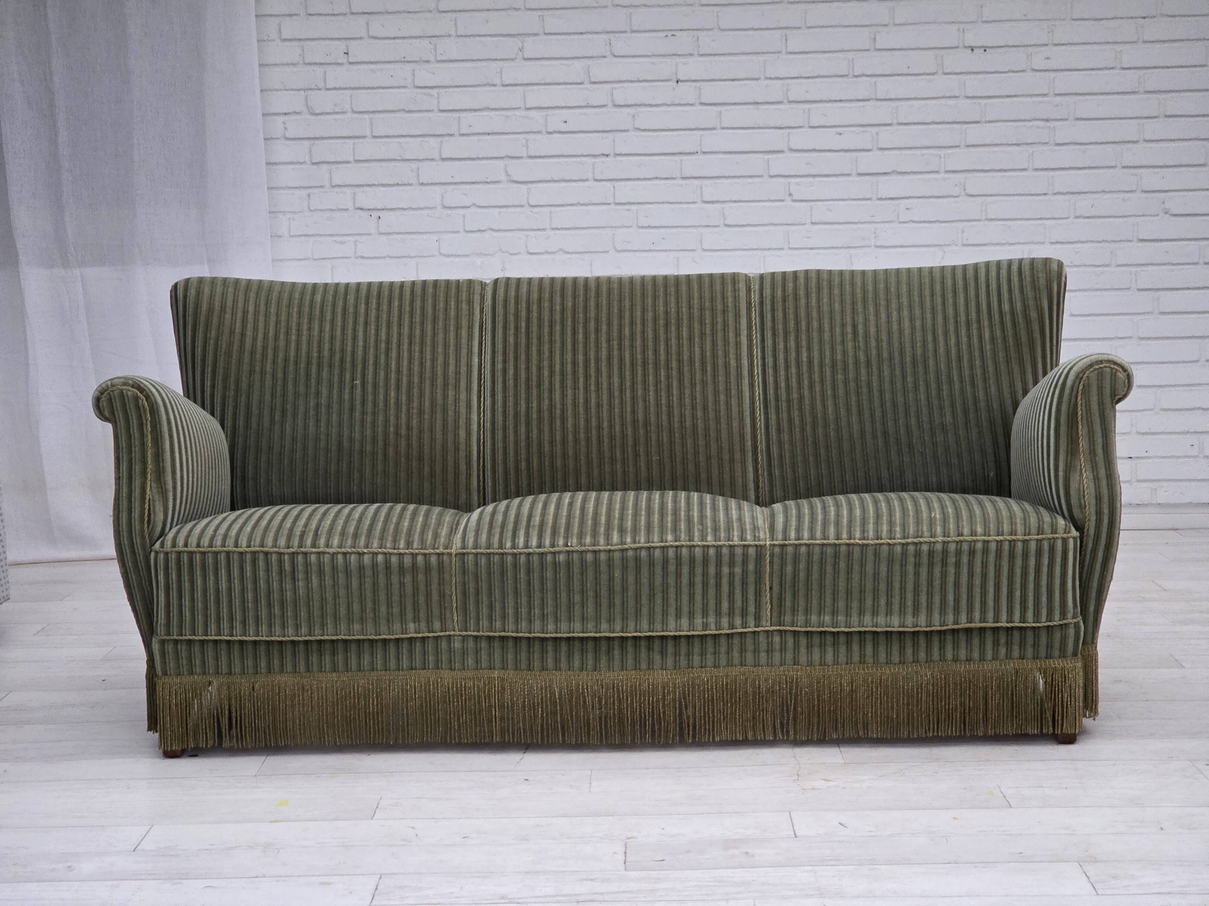 1960s, Danish 3-seater sofa, original green furniture velour, oak wood.