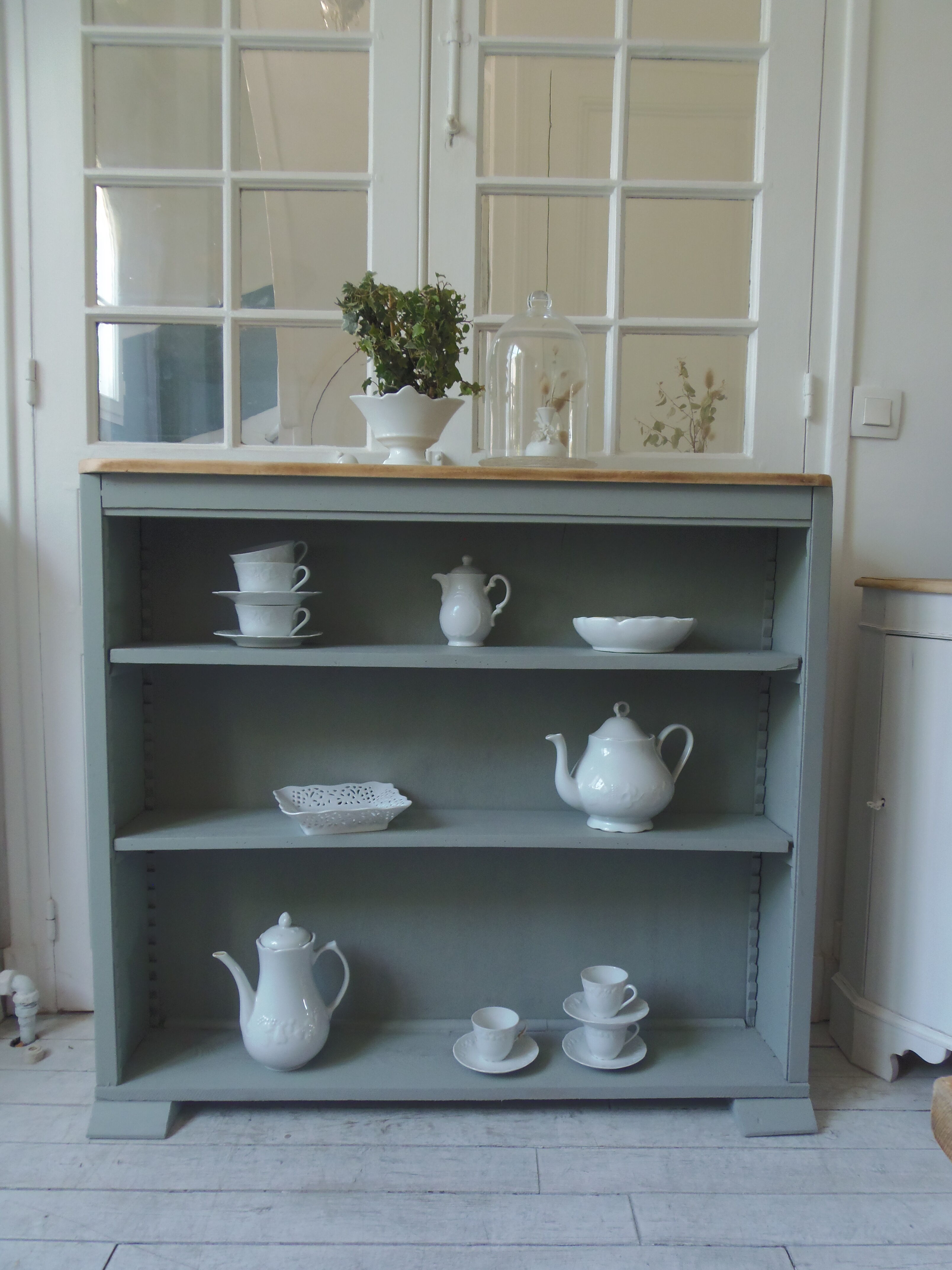Vintage shallow bookcase, re-enchanted in gray green, wooden tray.