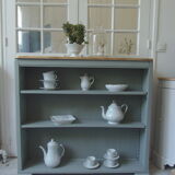 Vintage shallow bookcase, re-enchanted in gray green, wooden tray.