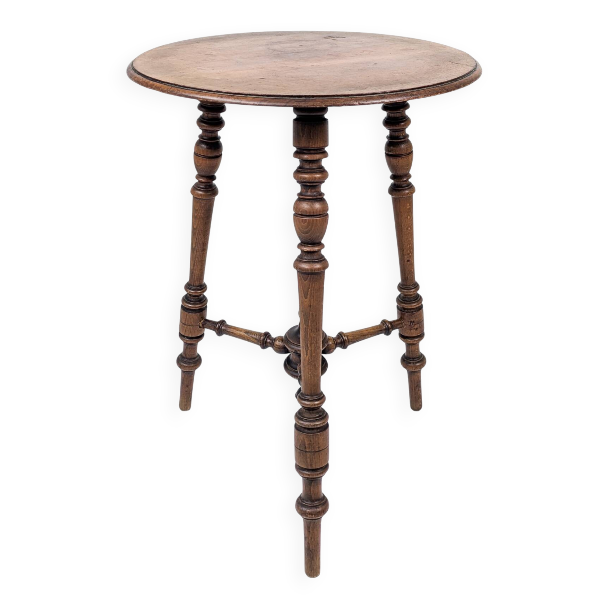 Table d’appoint vintage ronde à trois pieds en bois tourné massif style ant