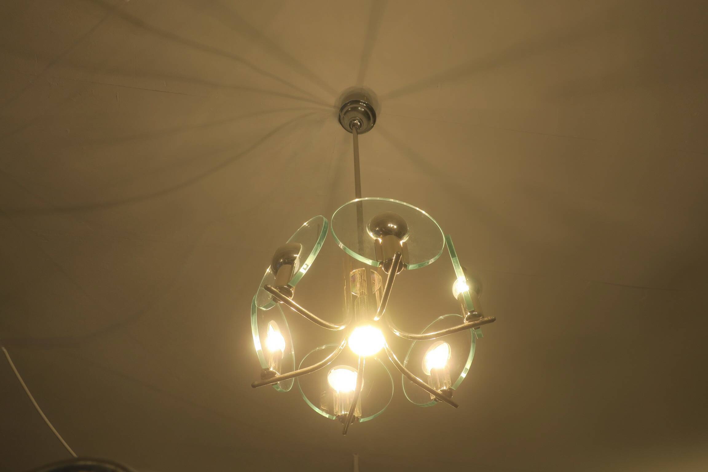 Silver plated chandelier with six crystal glass discs, Italy 1960s