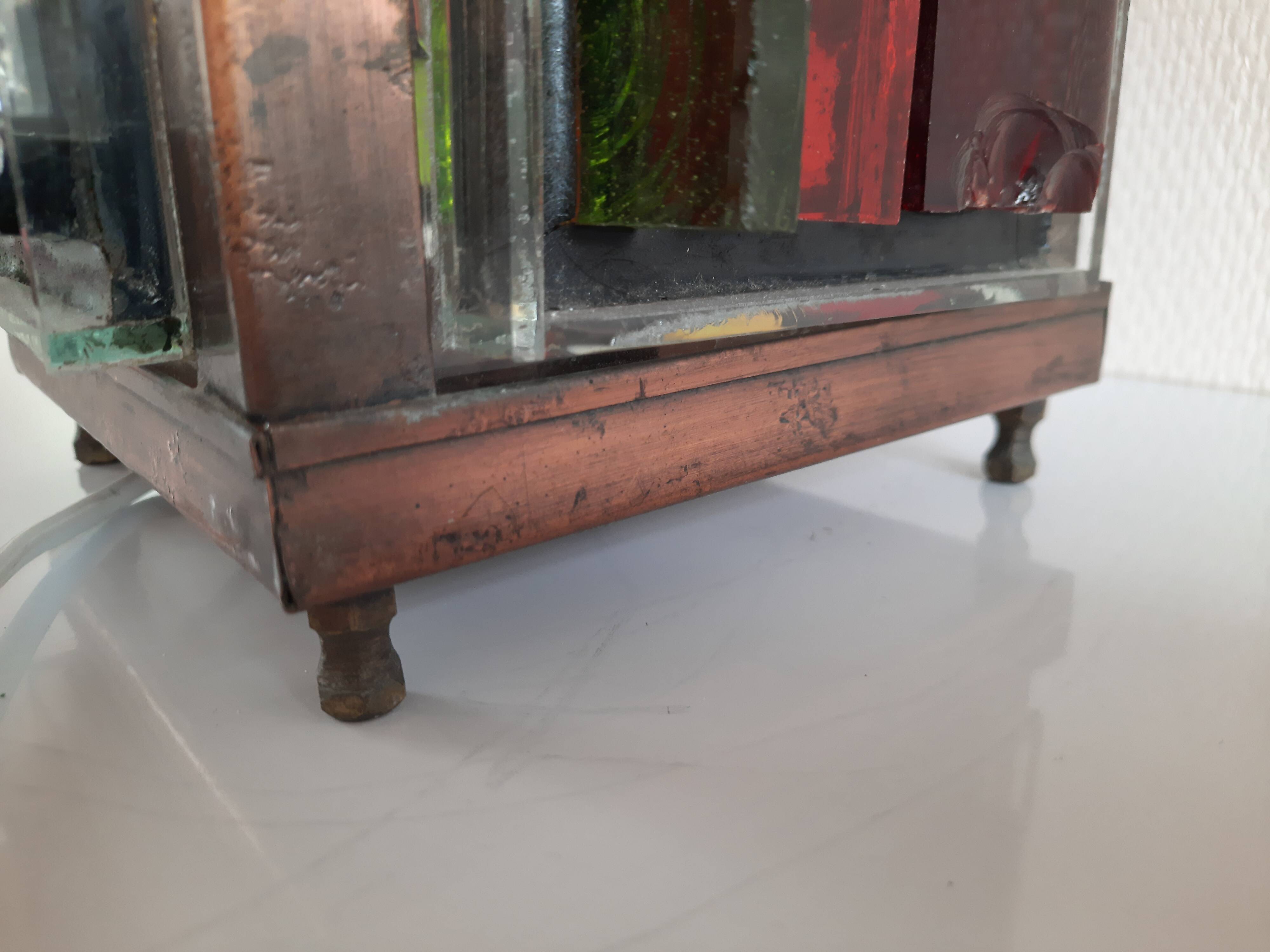 Copper lantern table lamp and 60s multicolored glasses