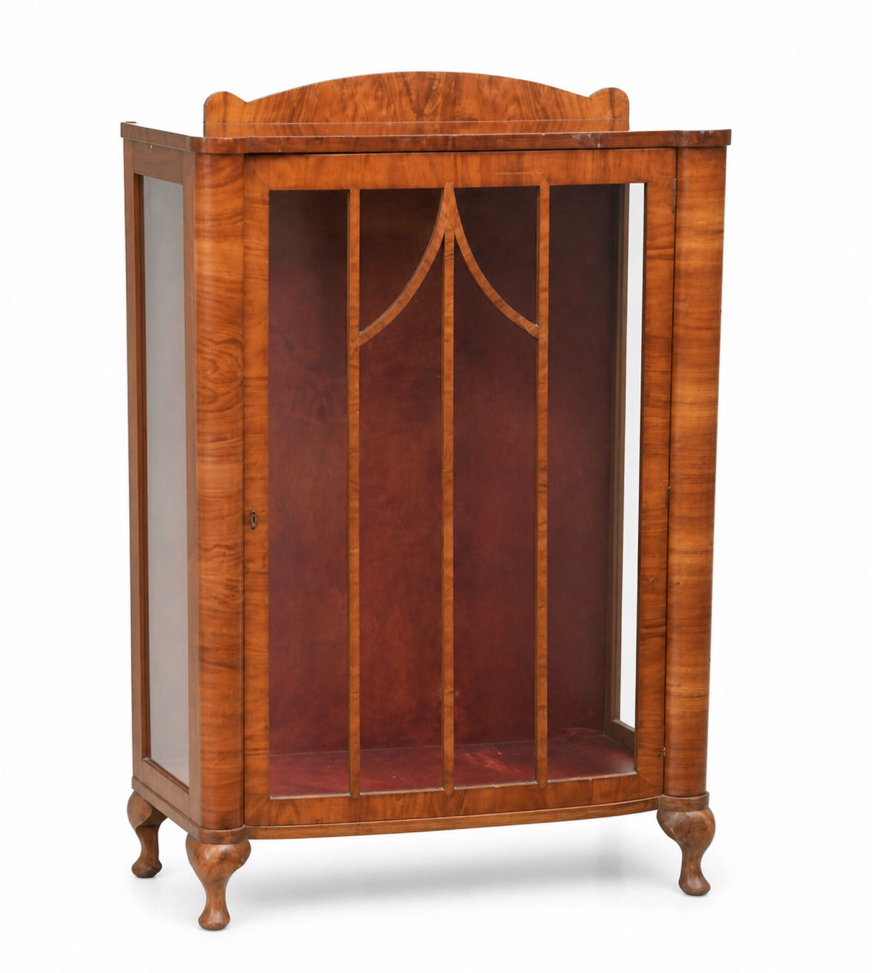 Antique English walnut display cabinet with glass sides in Art Deco style, 30s-40s.