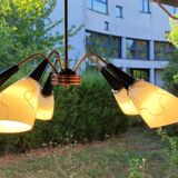 Five-branch opaline, bakelite and brass chandelier from the 50s