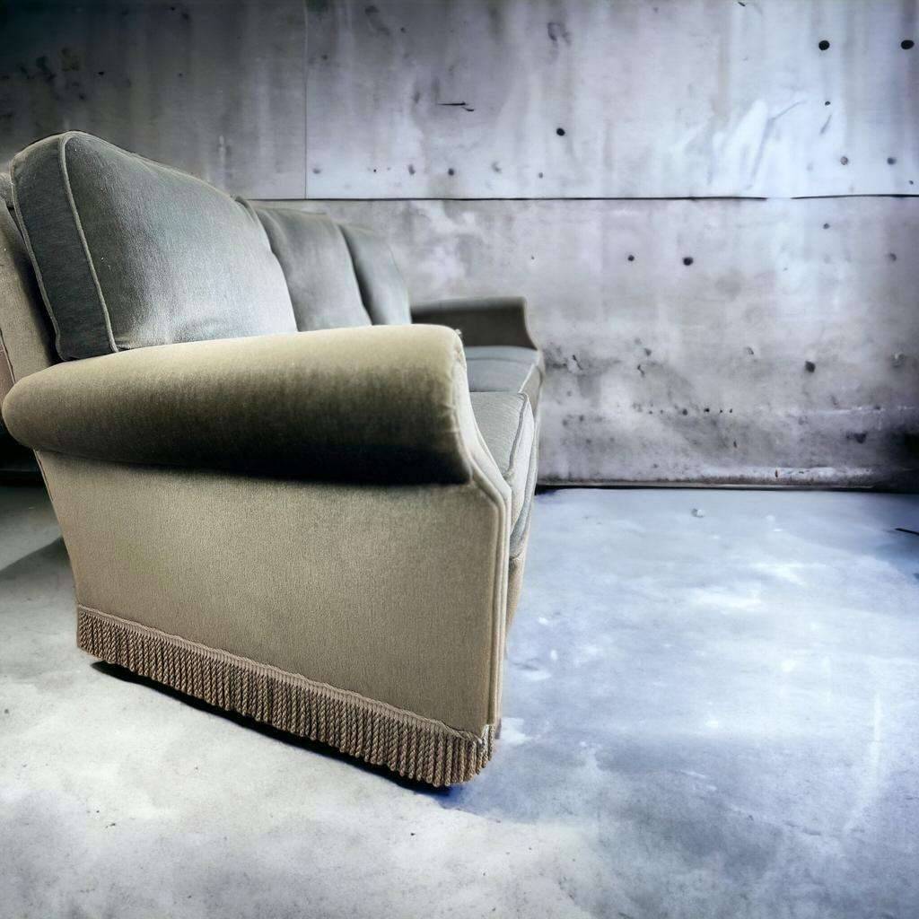 Vintage blue-grey velvet fringed seat / armchair