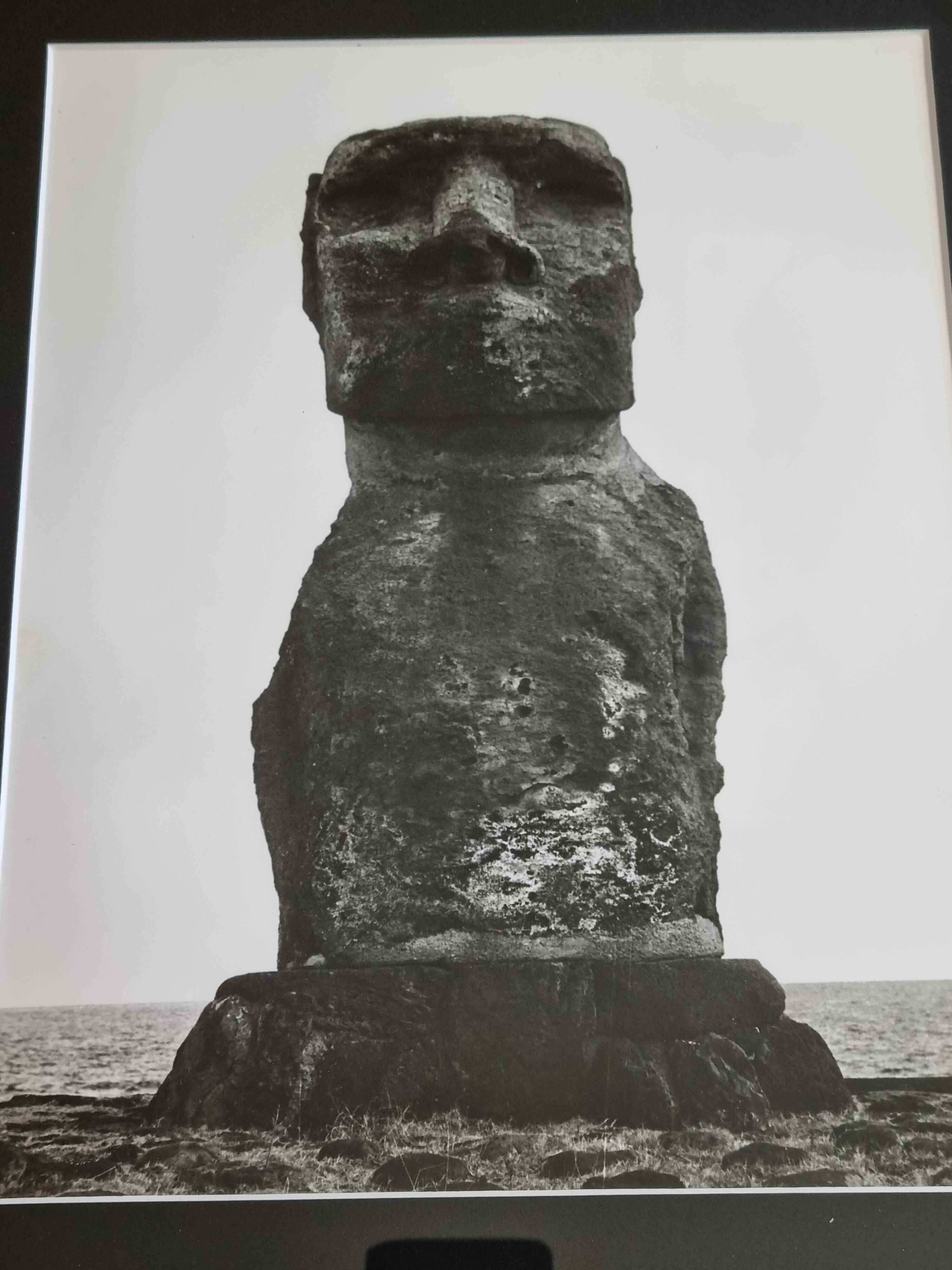 Vintage framed silver print, Moai of Easter Island, ethnological mission from 1970