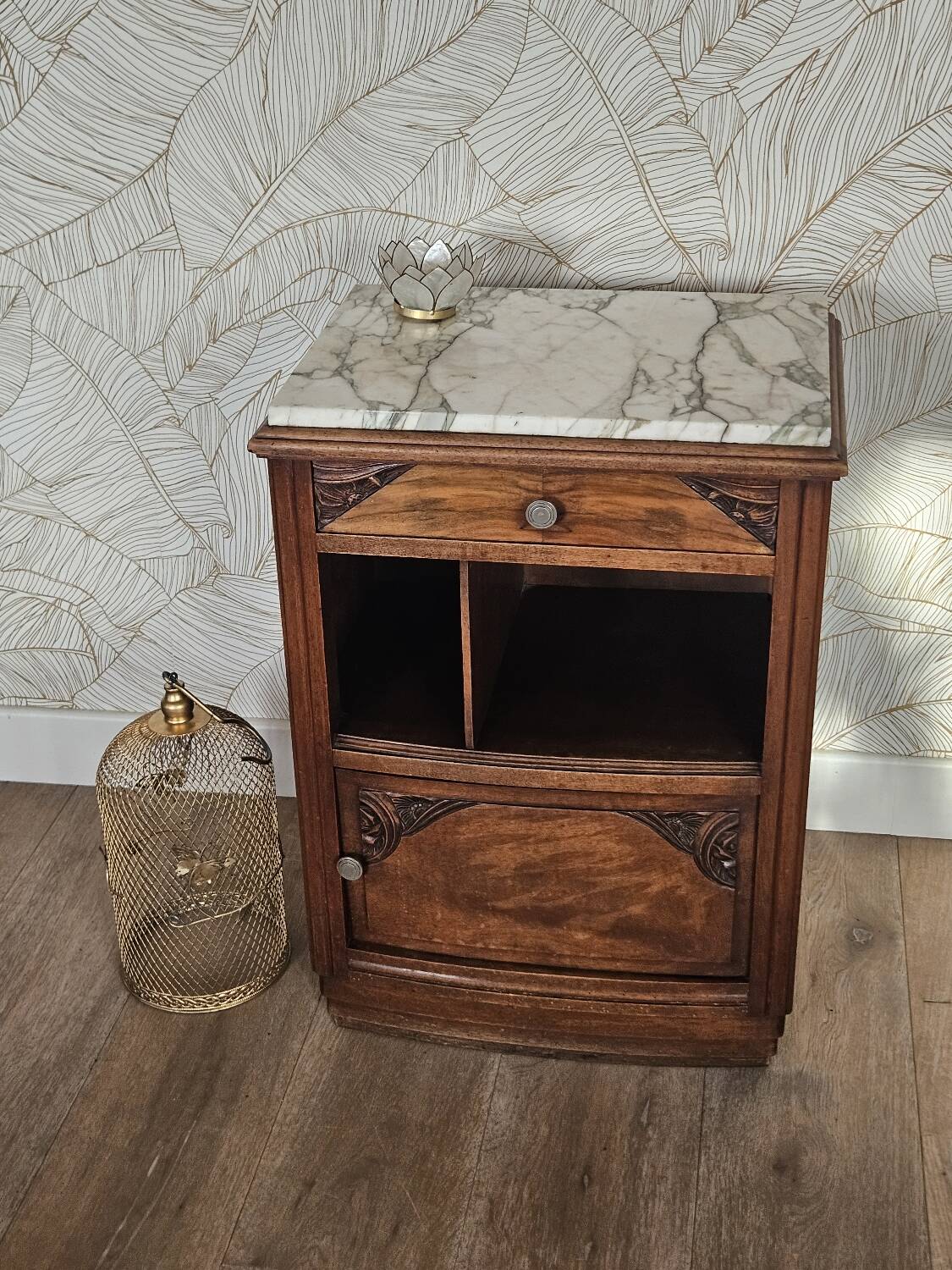 Art Deco bedside table in walnut and marble