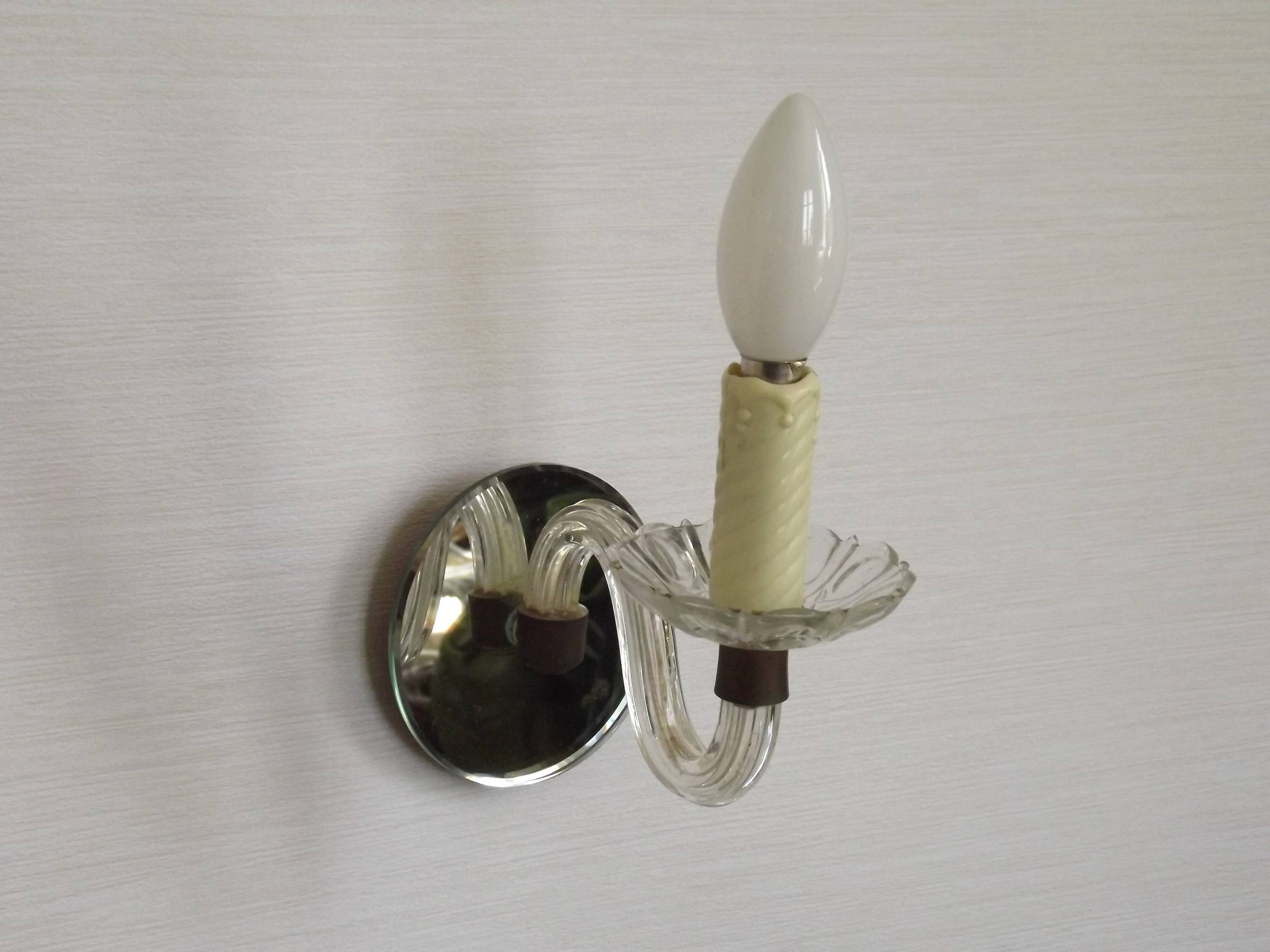 French Vintage Small Mirrored Backplate Wall Sconce Glass Arm & Bobeche